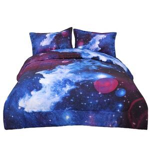 Twin All-season Quilted Comforter Set Reversible Galaxies Dark Blue